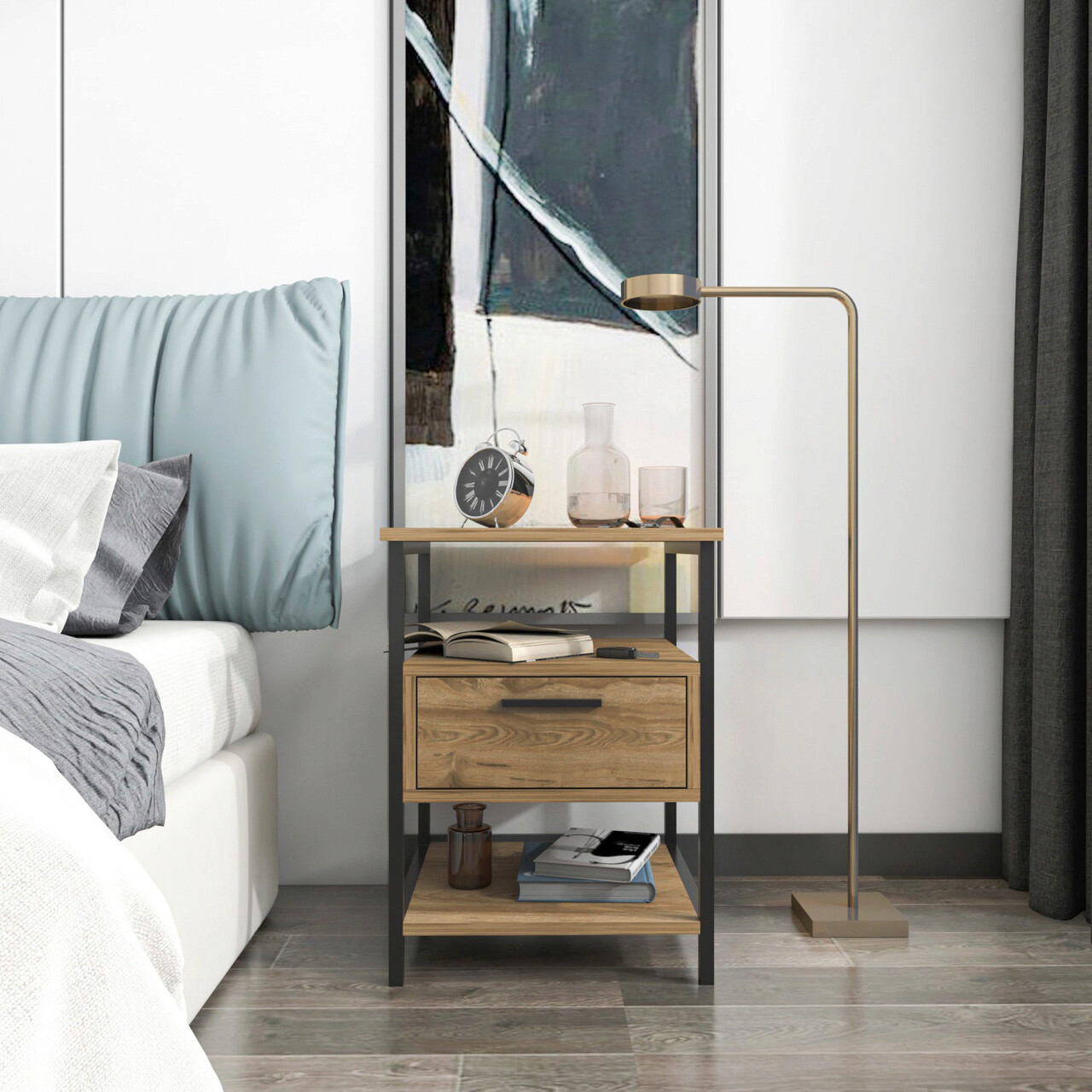 Noptiera, Hanah Home, Alba, 45x45x61.8 cm, Negru / Stejar - imagine 7